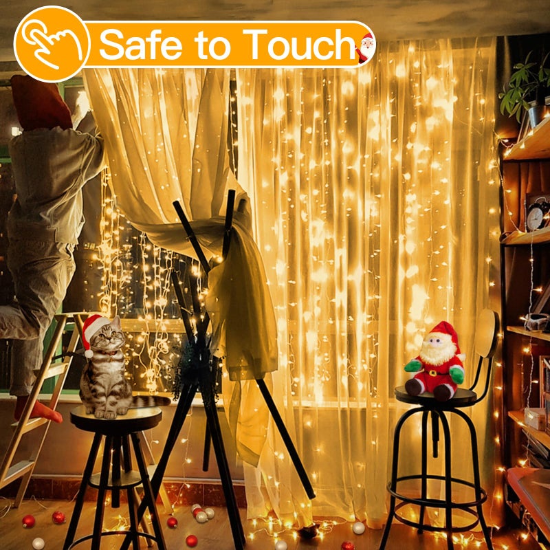 Ollny Christmas Curtain Lights 300 LED 9.8 FTx9.8 FT, Outdoor Waterproof Curtain String Lights with Remote Timer 8 Modes, USB Waterfall Window Lights for Wall Backdrop Home Decorations (Warm White) - Image 5